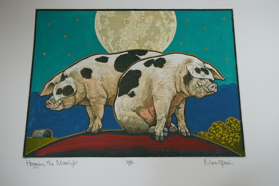 Mark Spain (b.1962), Four etchings with aquatints to include: 'Resting coy' and 'Hogging the moonlight', each signed in pencil, limited edition, unframed, largest 28 x 38cm